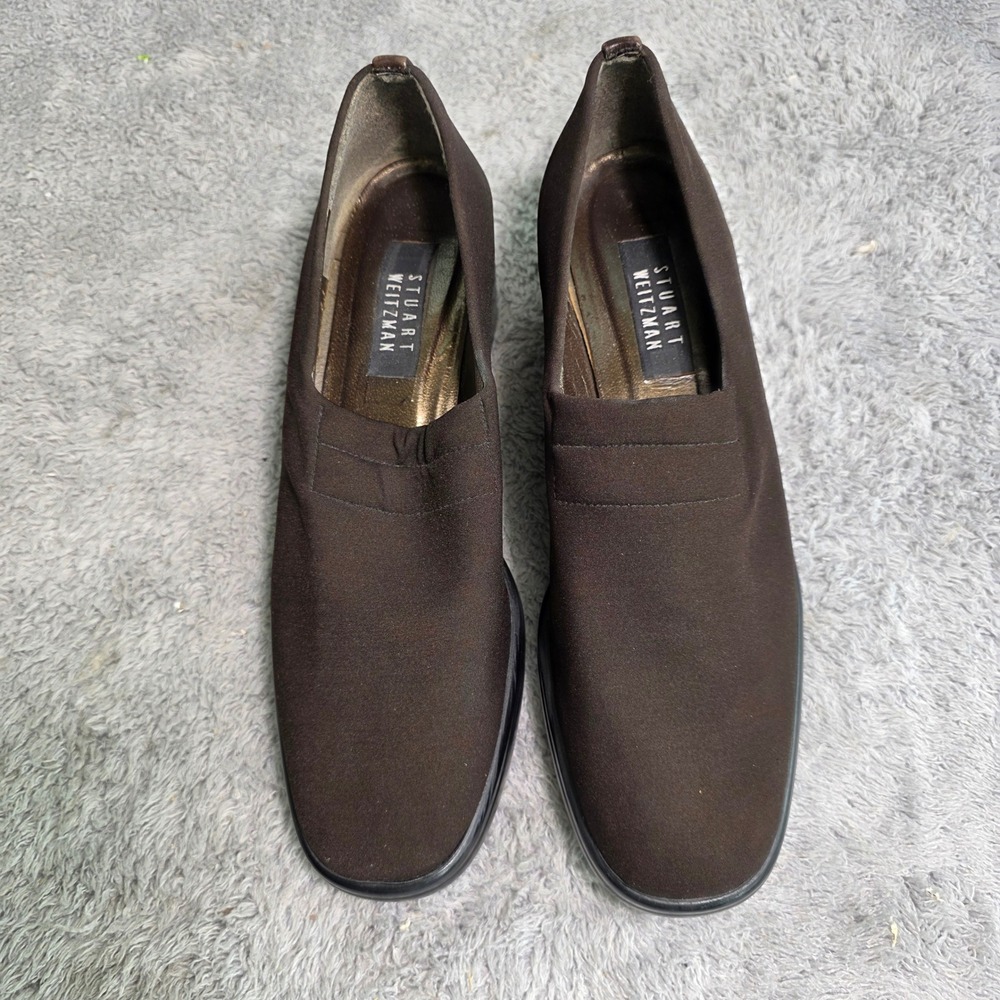 Stuart Weitzman Wedge Loafers Brown Stretch Square Toe Womens 7.5‎ Excellent - Picture 2 of 8